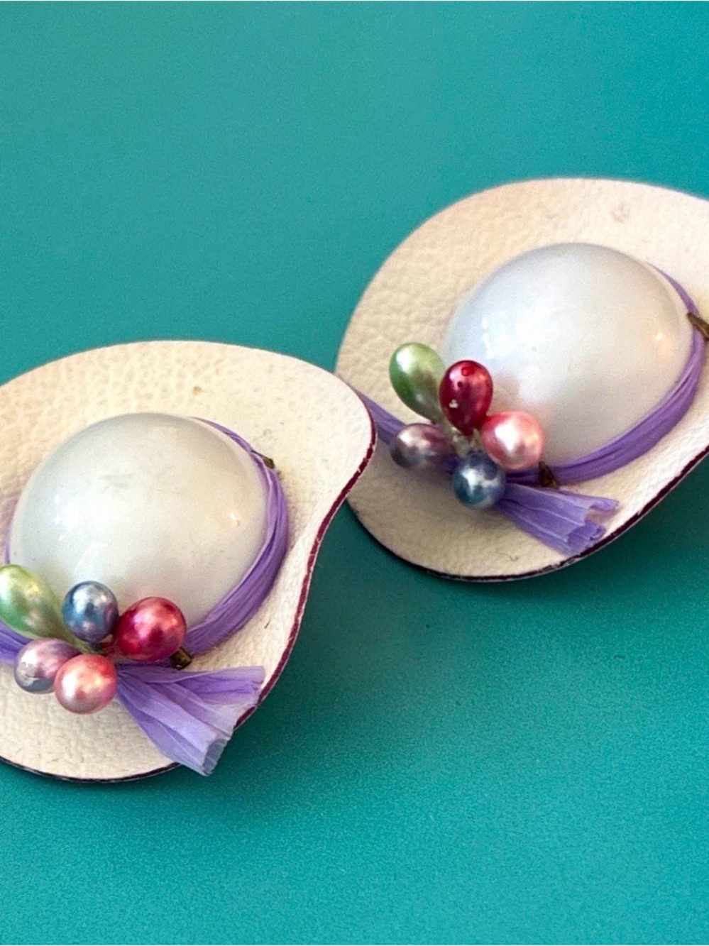 Vintage Pearl Cluster White Hat Earrings with Purple Ribbon. Made in Germany.